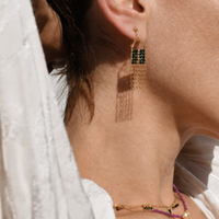 Close-up of a person wearing gold earrings with green gemstones and a matching bracelet.