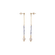 Long Drop Tanzanite & Pearl Earrings - LAVENDER TANZANITE/PEARL/GOLD