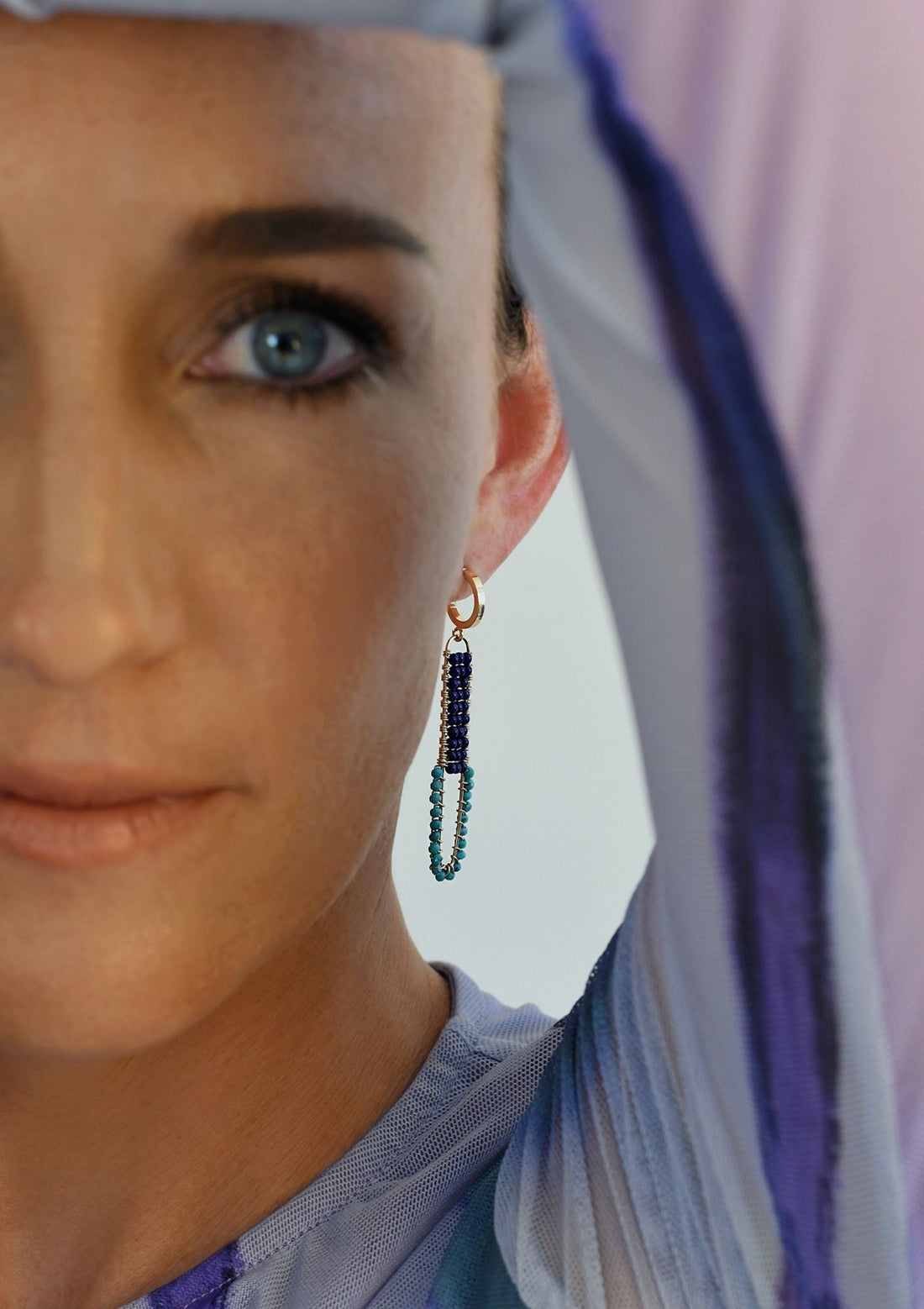 Semi Precious Utulivu Oval Pendant Hoops - TURQUOISE/NAVY