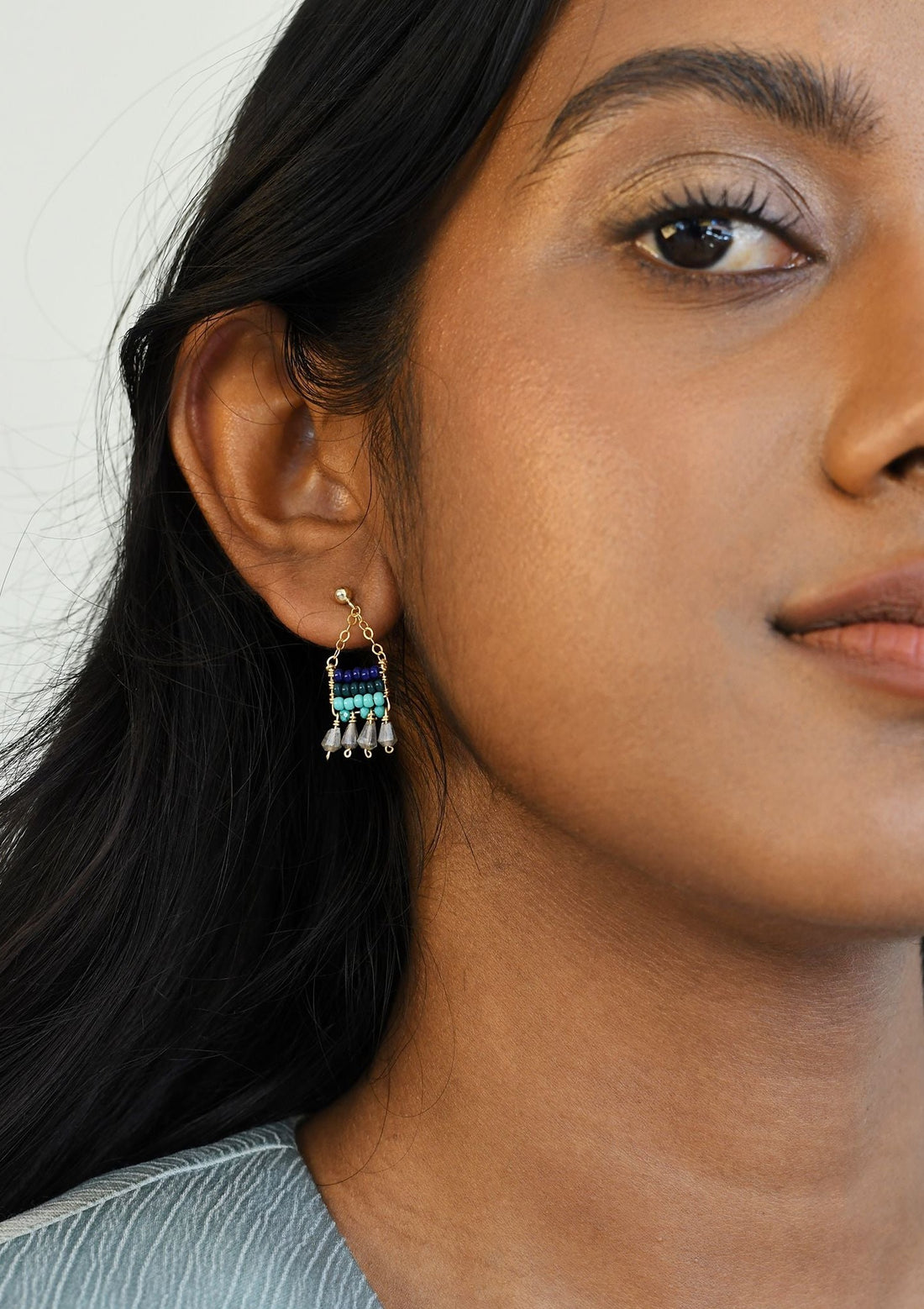 Semi Precious XS Pendant Earrings With Teardrops - TURQUOISE/NAVY/TRANSLUSCENT GREY