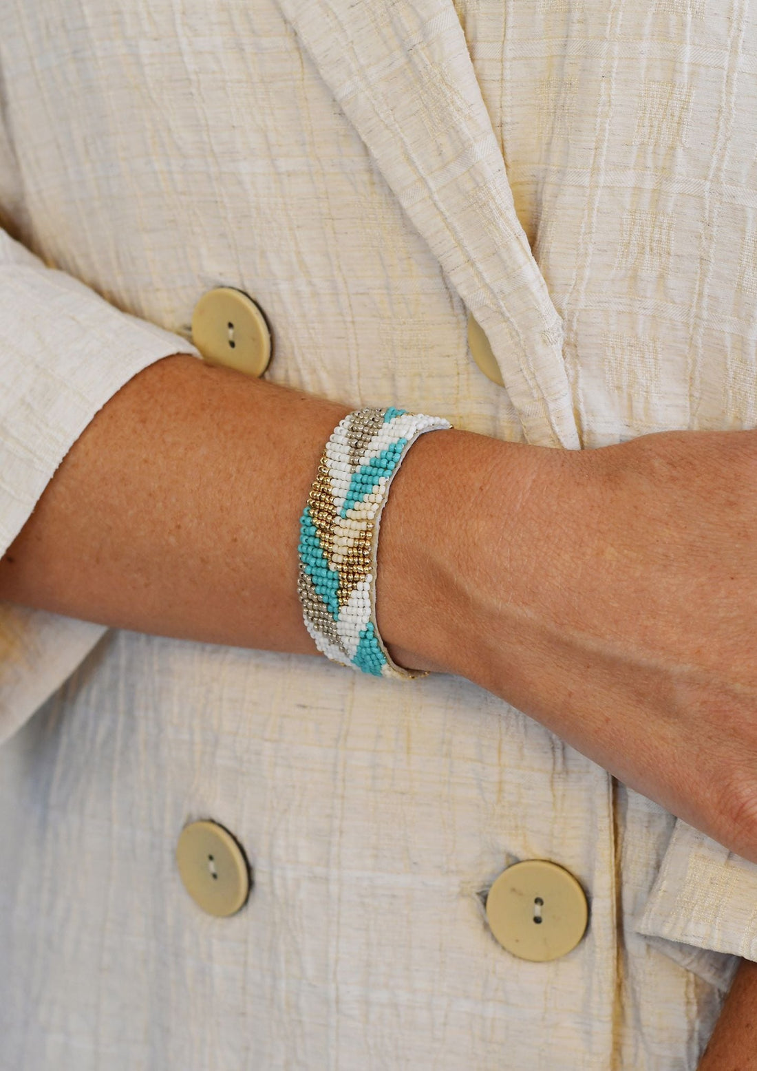 Narrow Chevron Leather Bracelet - TURQUOISE/WHITE/TAUPE/PINK