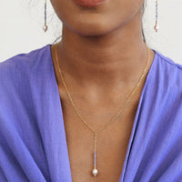 Long Drop Tanzanite Pearl Necklace - LAVENDER TANZANITE/PEARL/GOLD