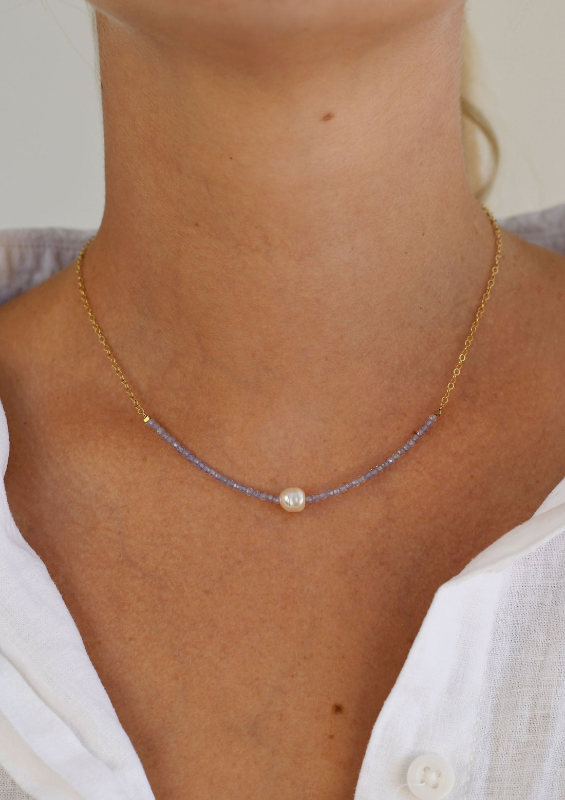 Pearl Tanzanite Necklace on Chain - LAVENDER TANZANITE/PEARL