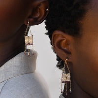 Olakira Pendant Earrings With 3 Chain Tassels - PINK/GOLD/AMETHYST