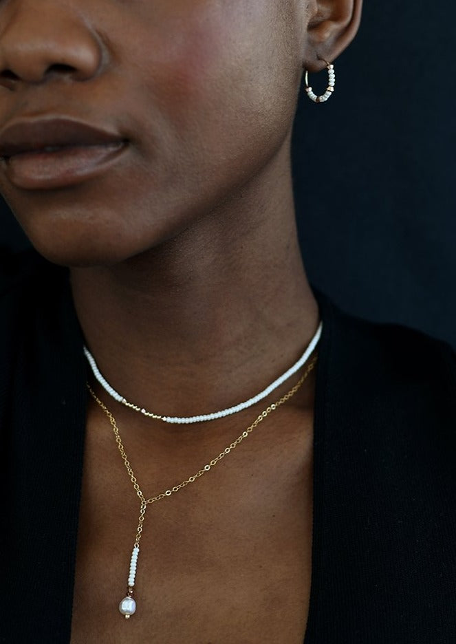 Long Drop Pearl & Crystal Chain Necklace - PEARL