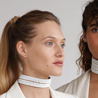 Narrow Decorative Leather Choker - WHITE/GOLD