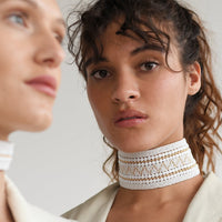 Wide Decorative Leather Choker - WHITE/GOLD