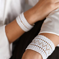 Wide Decorative Leather Bracelet - WHITE & GOLD