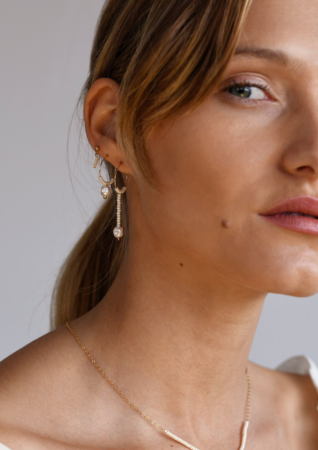 XS Long Drop Pearl Hoops - PEARL