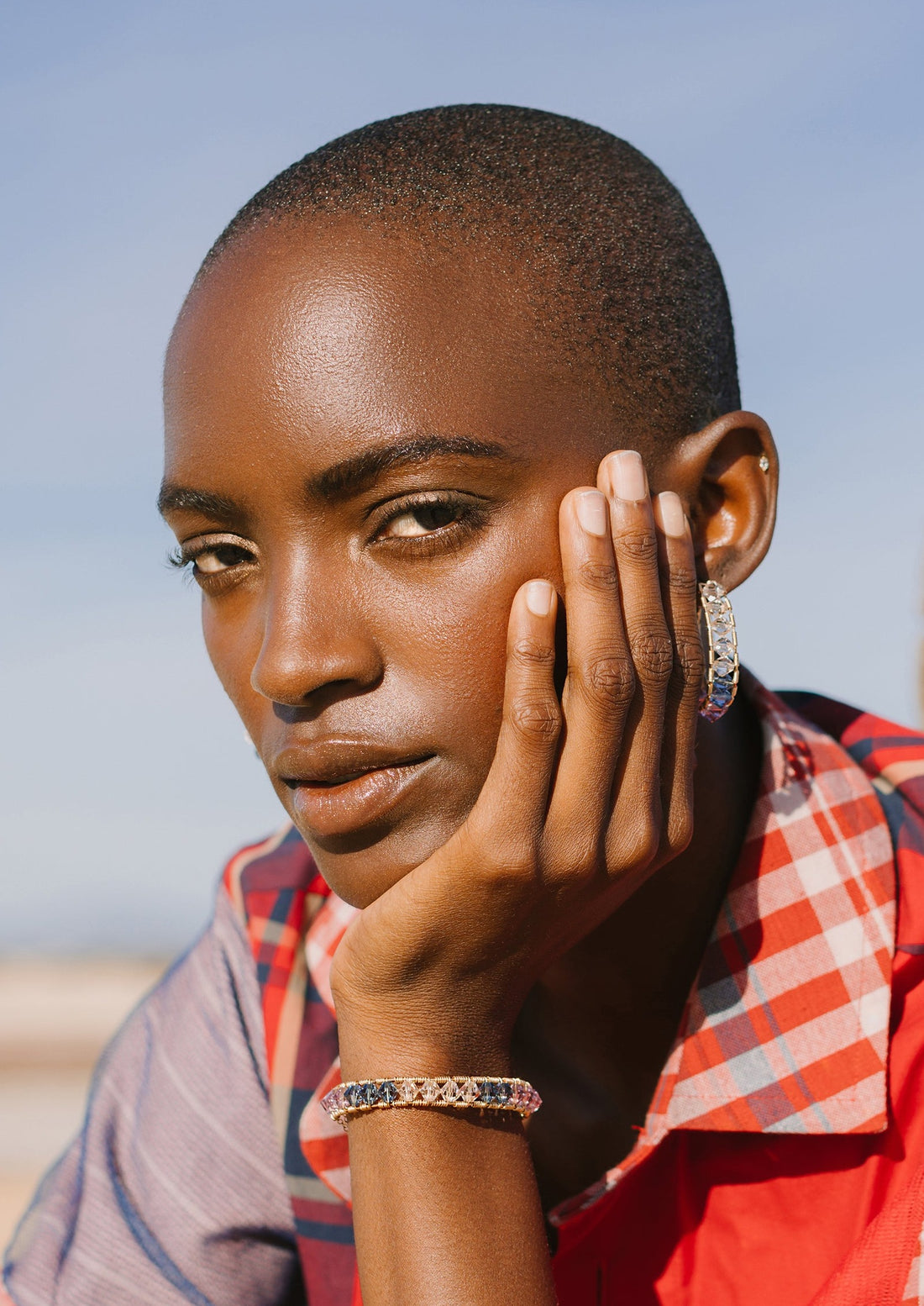 Medium Woven Crystal Hoops- BLUE/HONEY/AMETHYST