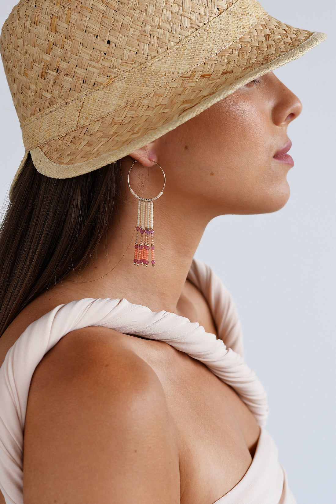 Semi Precious Small Hoops With Beaded Bars - MIXED PINKS/GOLD