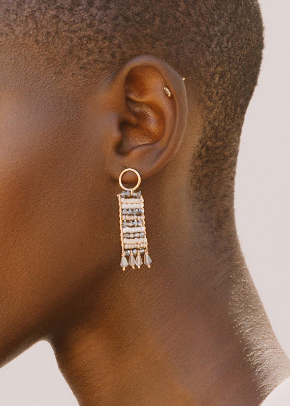 Semi Precious Beaded Pendant Earrings With Teardrops - PEARL/PINK/TAUPE/STEEL/GRAY