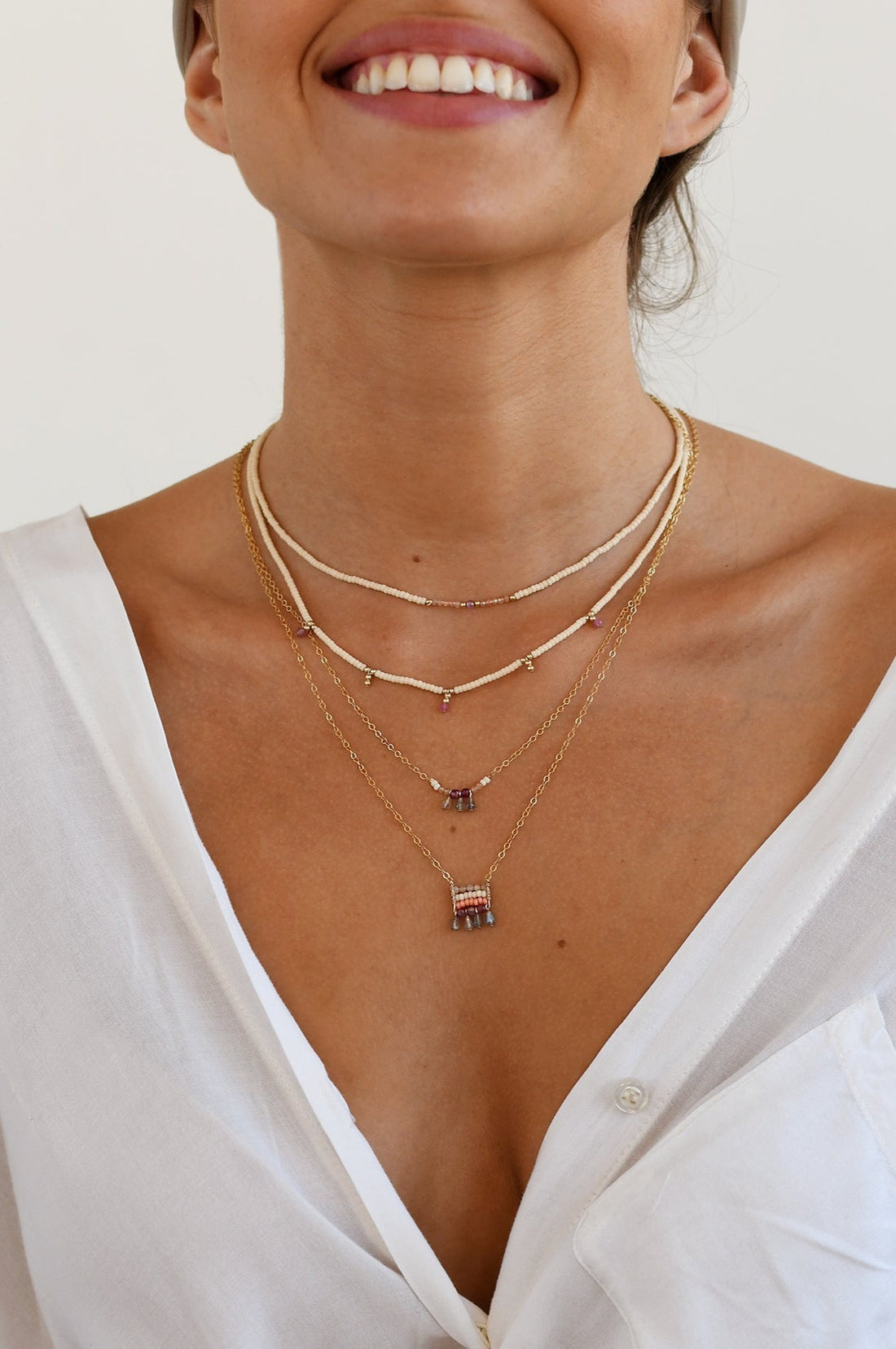 Semi Precious Utulivu Chain Necklace With Teardrops - MIXED PINKS/TRANSLUCENT GRAY/GOLD