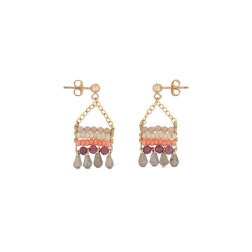 Semi Precious XS Beaded Pendant Earrings With Teardrops  - MIXED PINKS/TRANSLUCENT GRAY/GOLD
