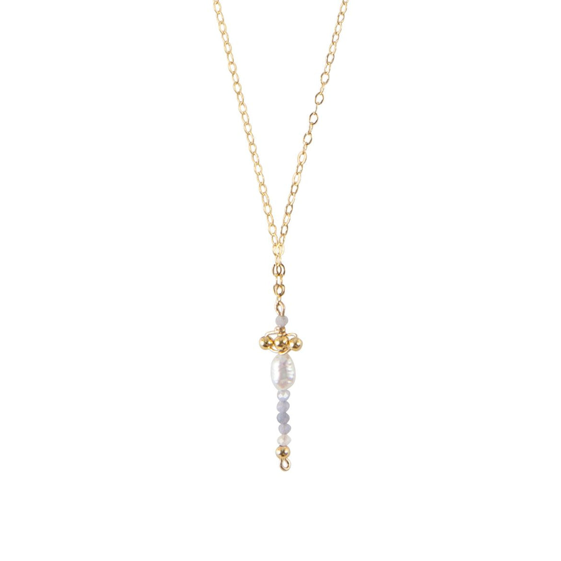Pearl And Tanzanite Cross Pendant Chain Necklace - LAVENDER TANZANITE/PEARL/GOLD