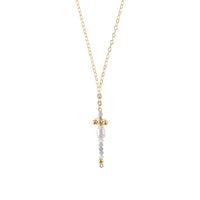 Pearl And Tanzanite Cross Pendant Chain Necklace - LAVENDER TANZANITE/PEARL/GOLD