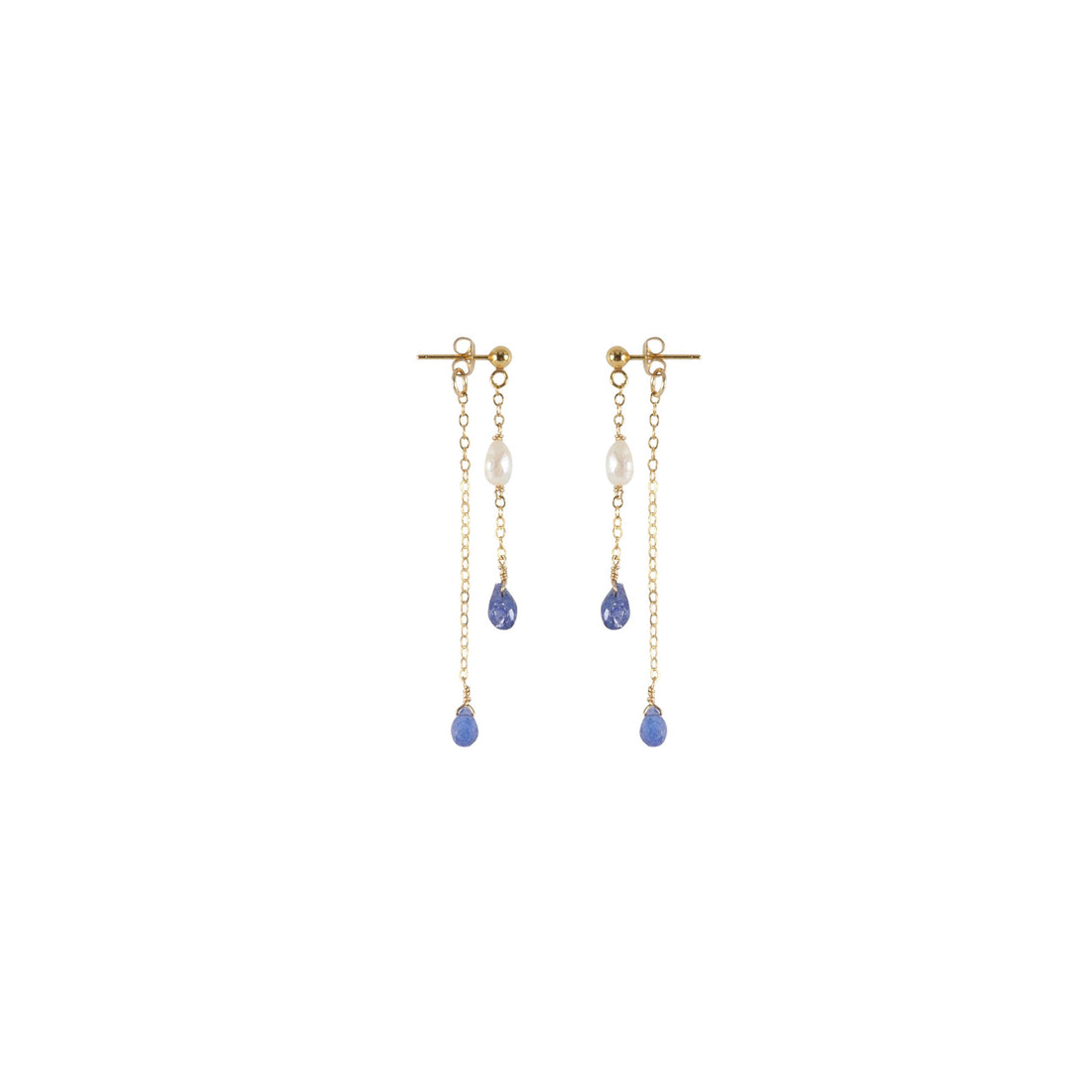 Double Drop Tanzanite Earrings - LAVENDER TANZANITE/PEARL/GOLD