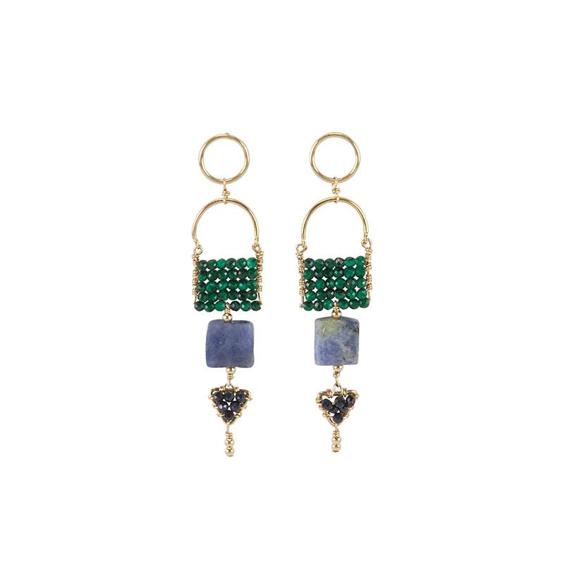 Tiered Arched Gemstone Pendant Earrings With Tanzanite- MALACHITE/BLUE SAPPHIRE/TANZANITE/GOLD