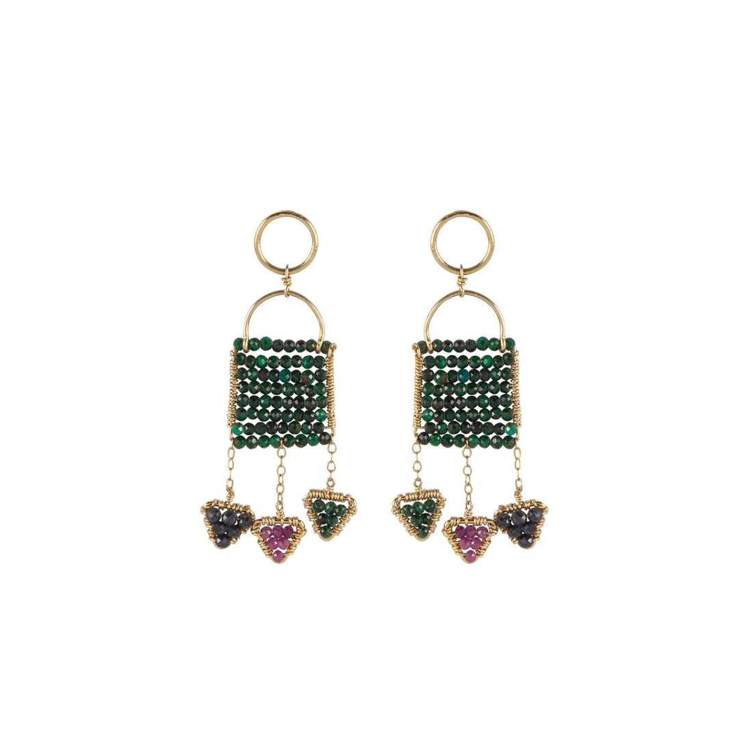 Large 3 Triangle Pendant Earrings - MALACHITE/RUBY/GOLD