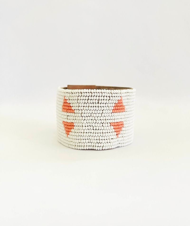 Wide Leather Triangle Bracelet - WHITE/SALMON