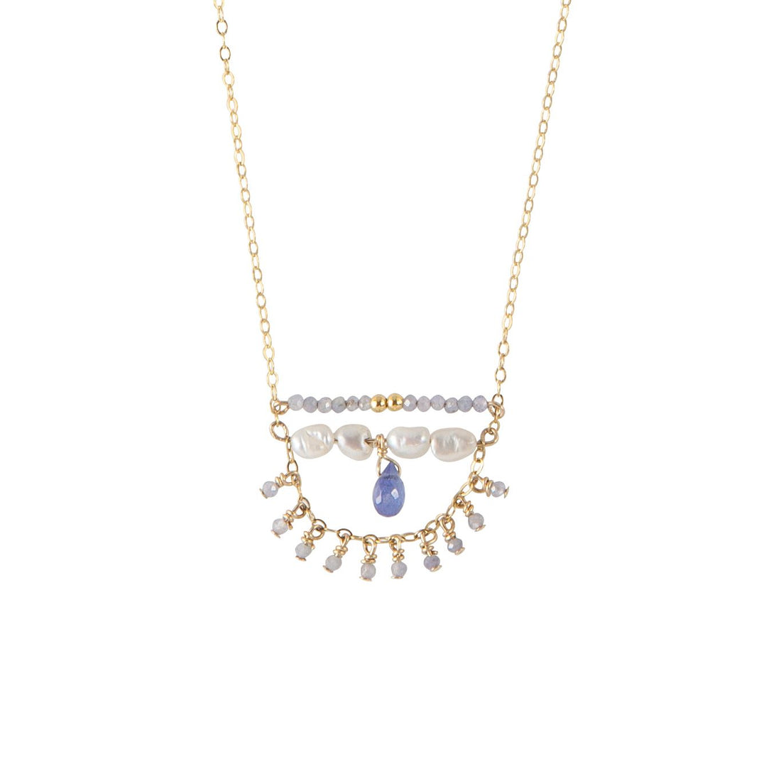 Pearl And Tanzanite Fringe Necklace On Chain - LAVENDER TANZANITE/PEARL/GOLD