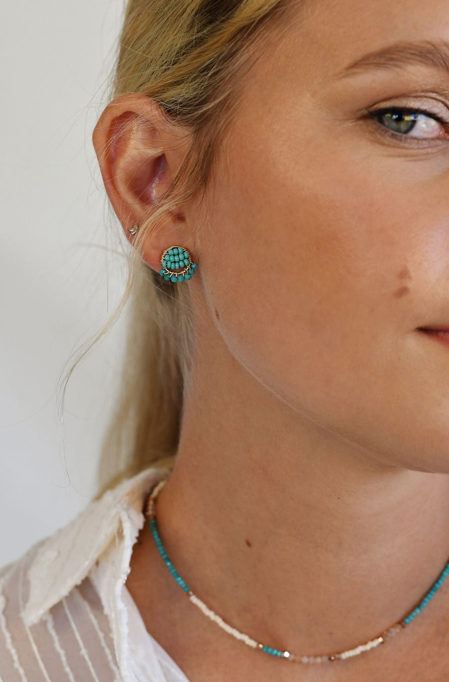 Mini Circle Earrings With Turquoise Drops - TURQUOISE