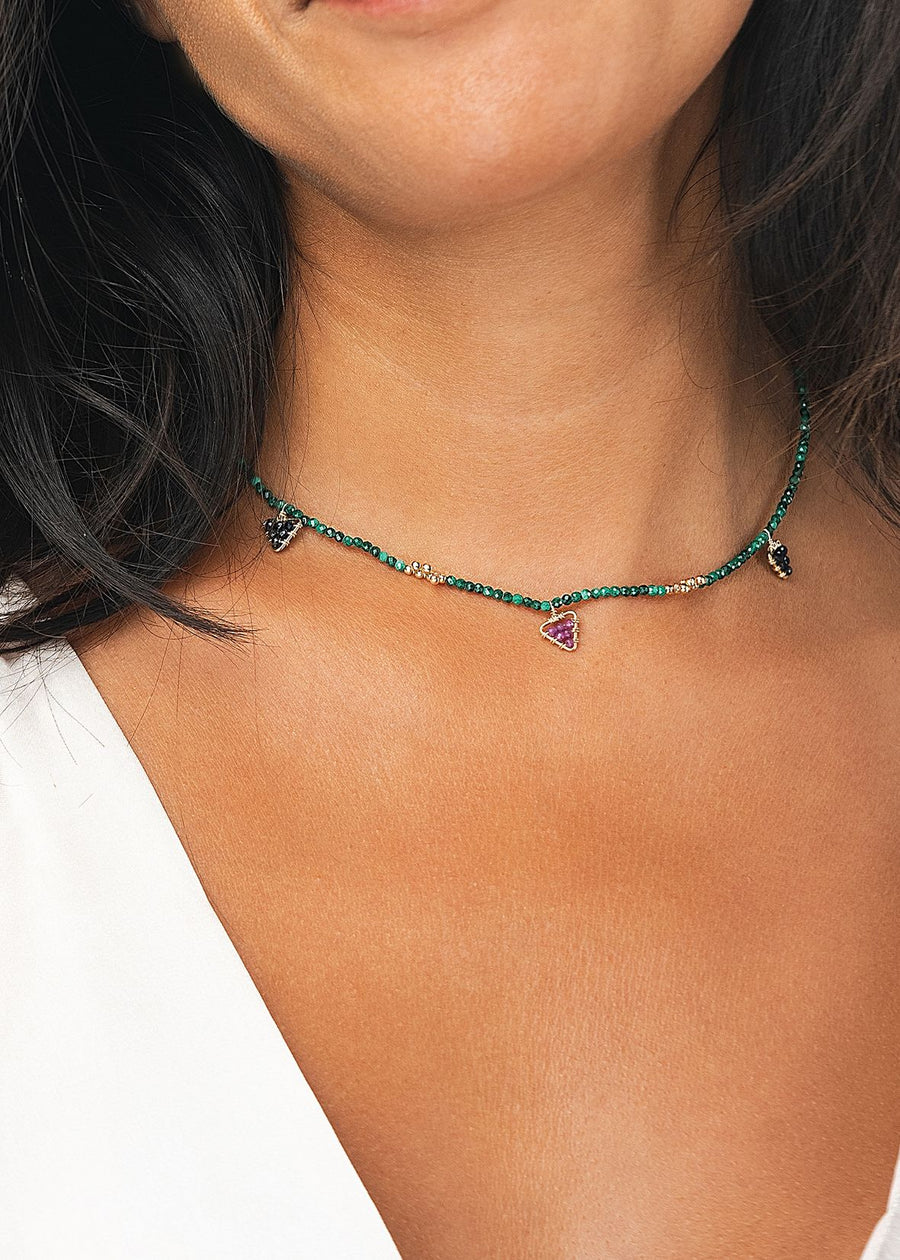 Short Gemstone Malachite Necklace With Triangles - MALACHITE/BLUE SAPPHIRE/RUBY/GOLD