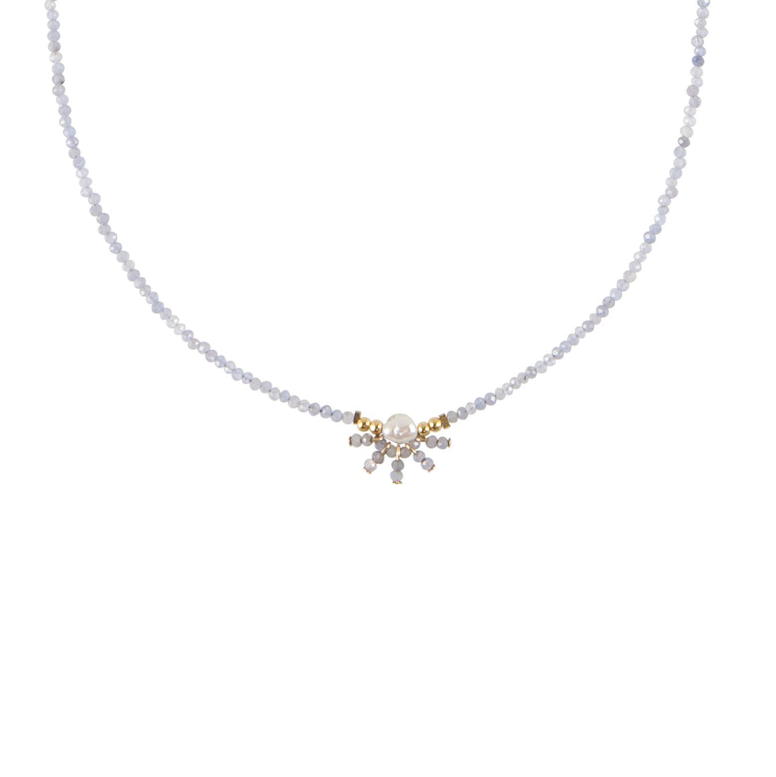 Necklace with a star-shaped clasp featuring pearls and gold elements on a white background