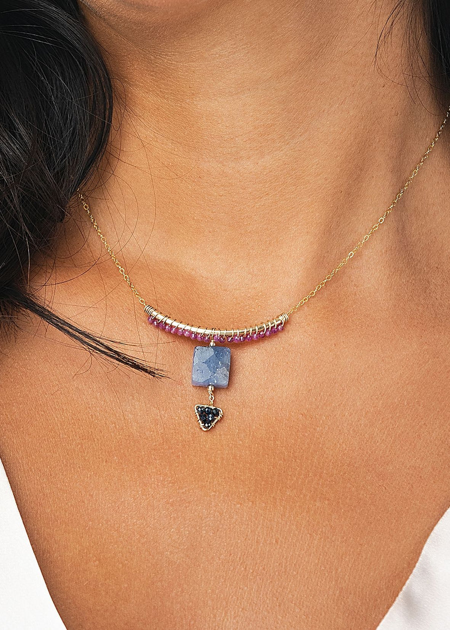 Arch Gemstone Pendant Necklace With Tanzanite And Triangle - RUBY/TANZANITE/BLUE SAPPHIRE/GOLD