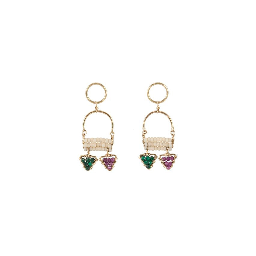 Short Arched Pendant Earrings With 2 Gemstone Triangles - PINK/RUBY/MALACHITE