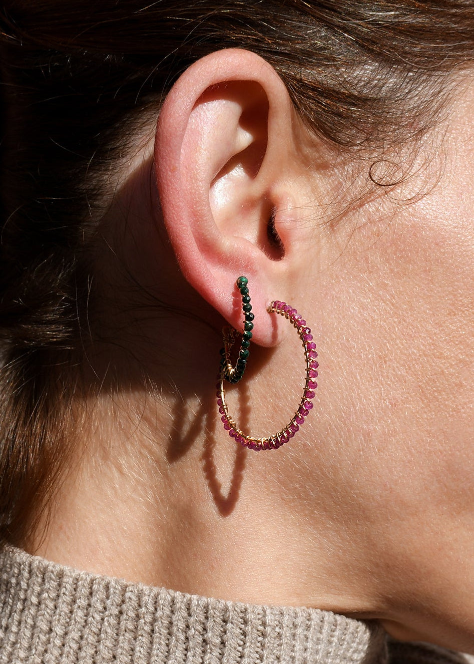 Large Ruby Hoop Earrings - RUBY/GOLD