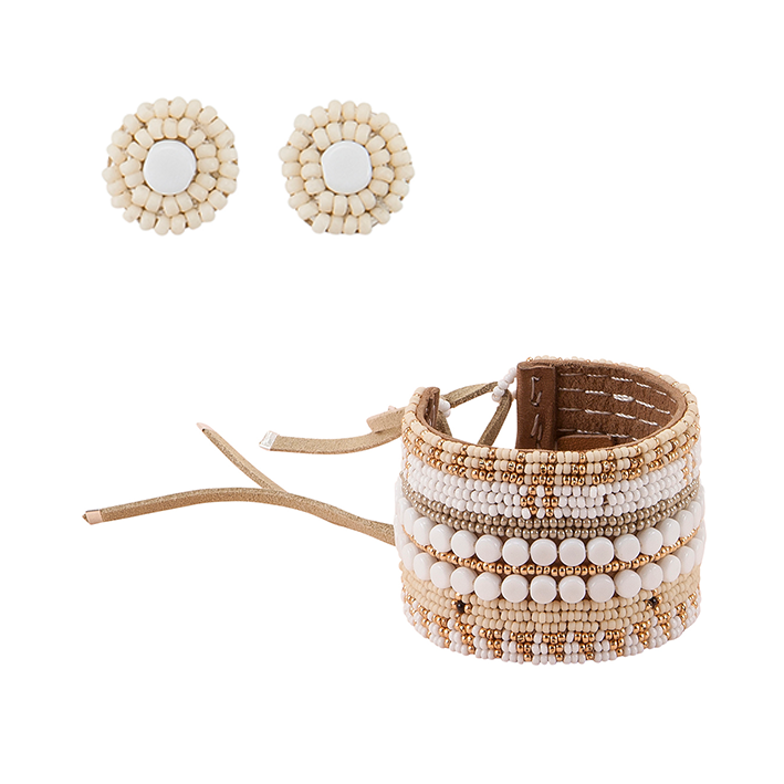 Eclectic Leather Bracelet Cuff & Earring Studs - PINK