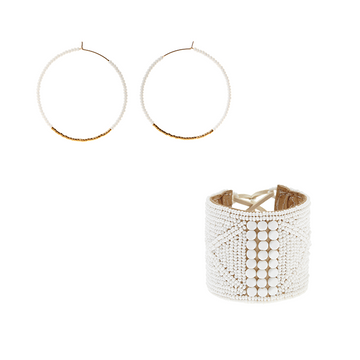 Classic Leather Cuff & Earring Hoops - WHITE