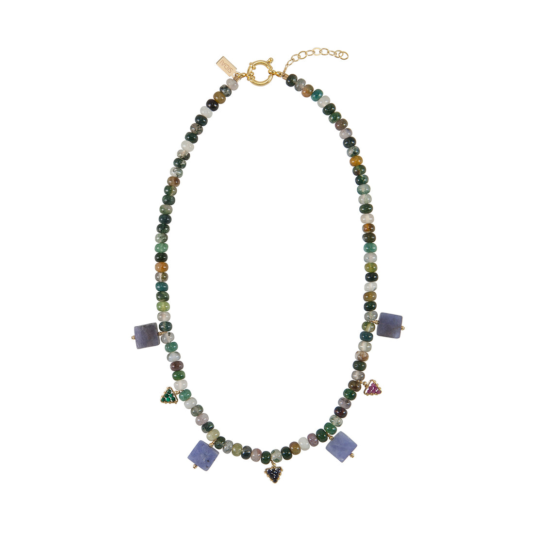 Agate Necklace With Tanzanite And Gemstone Triangles - AGATE GREEN/BLUE SAPPHIRE/MALACHITE/ RUBY/TANZANITE/GOLD