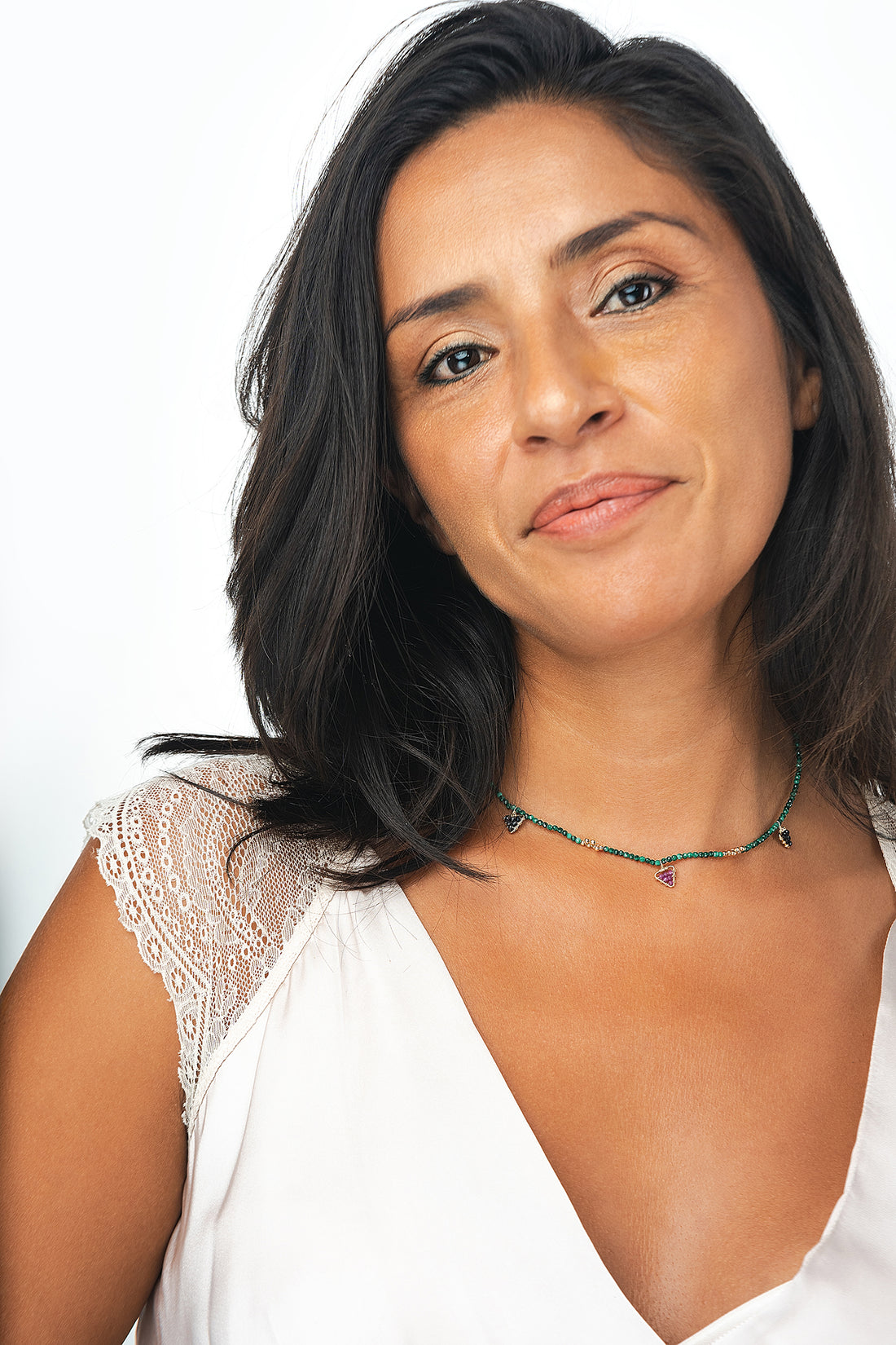 Dunia Malachite Gemstone Necklace & Ruby Studs