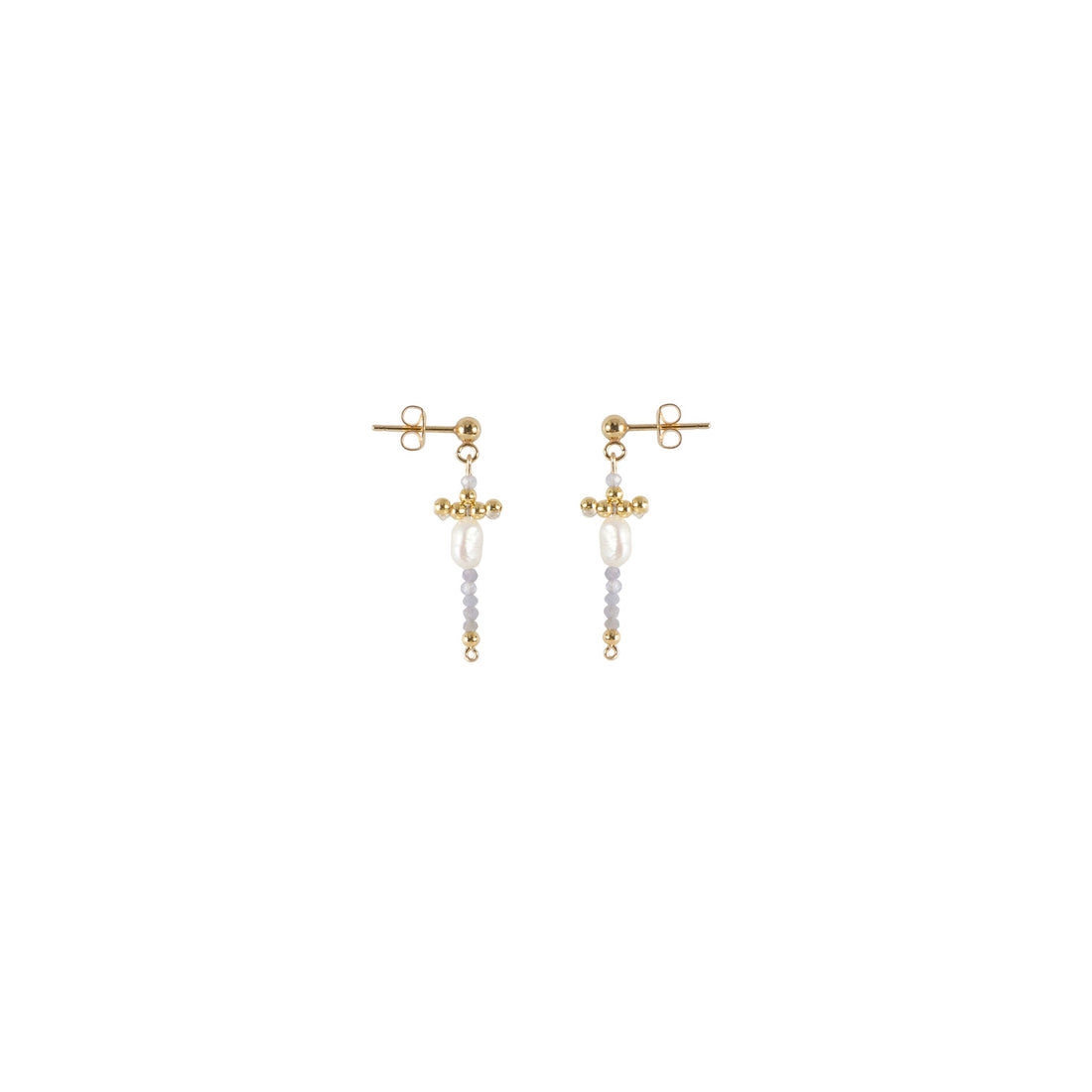Pearl And Tanzanite Cross Earrings - LAVENDER TANZANITE/PEARL/GOLD