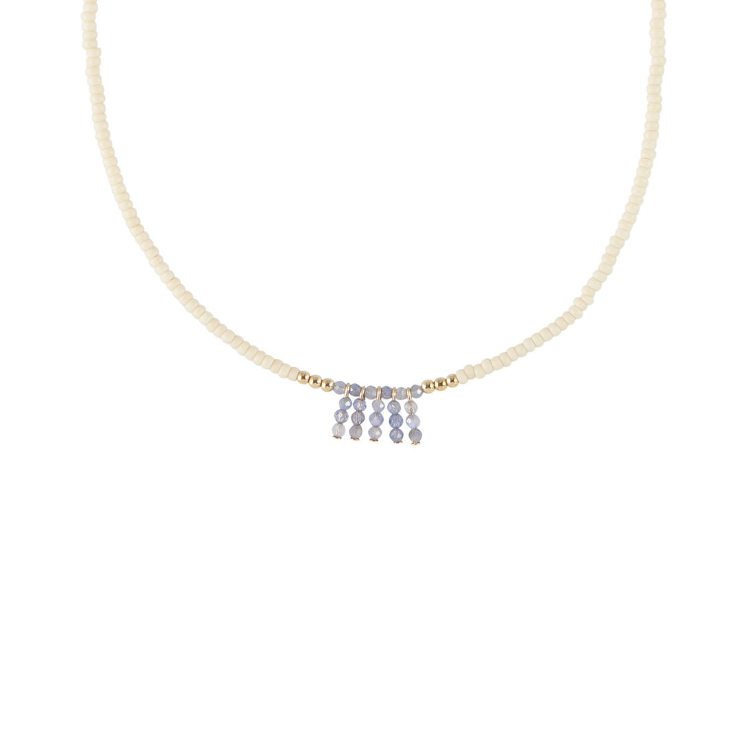 Simple Beaded Necklace With Tanzanite Bars - PINK/TANZANITE/GOLD