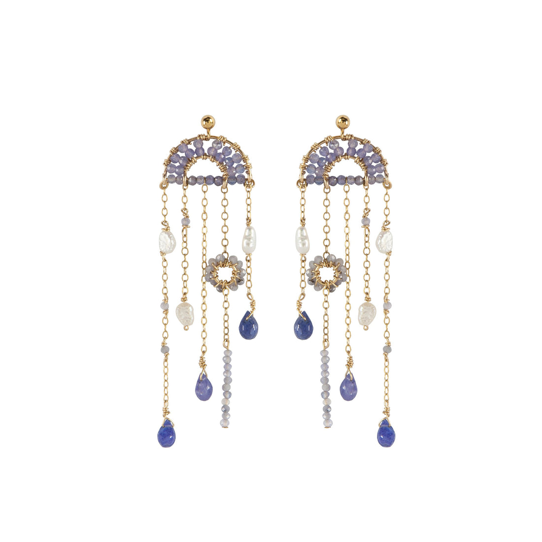 Tanzanite Chandelier Earrings - LAVENDER TANZANITE/PEARL/GOLD