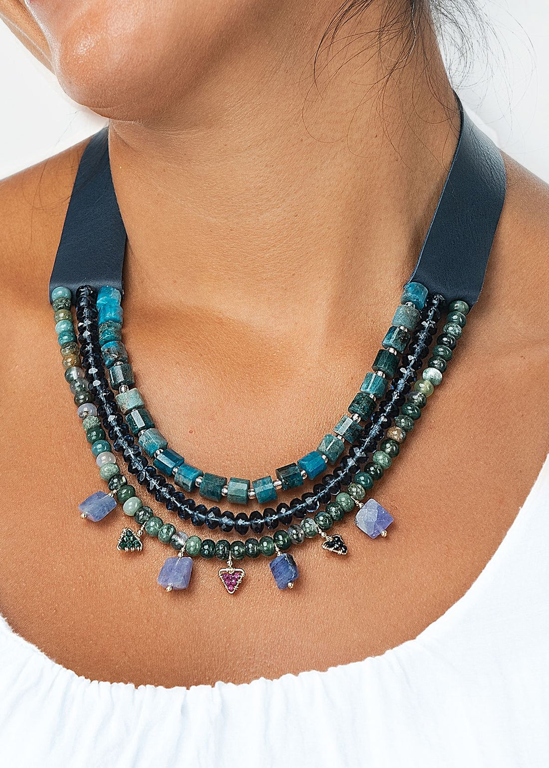 Leather Layered Tanzanite And Gemstone Necklace - AGATE GREEN/BLUE SAPPHIRE/ MALACHITE/RUBY/TANZANITE/GOLD