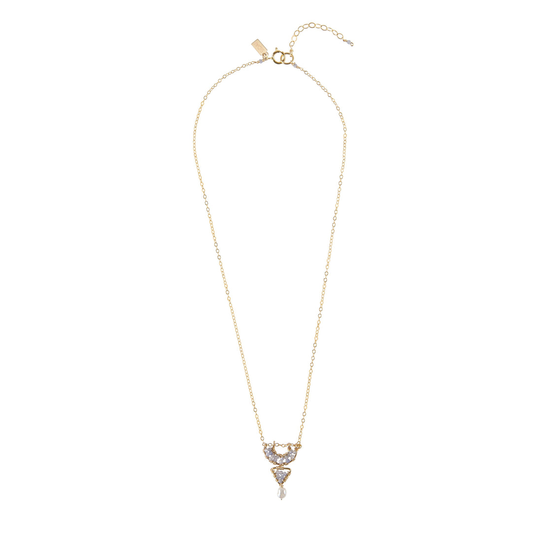 XS Halfmoon Tanzanite Necklace With Triangle On Chain - LAVENDER TANZANITE/PEARL/GOLD