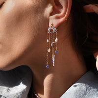 Close-up of a woman wearing elegant earrings with a soft focus on her face.