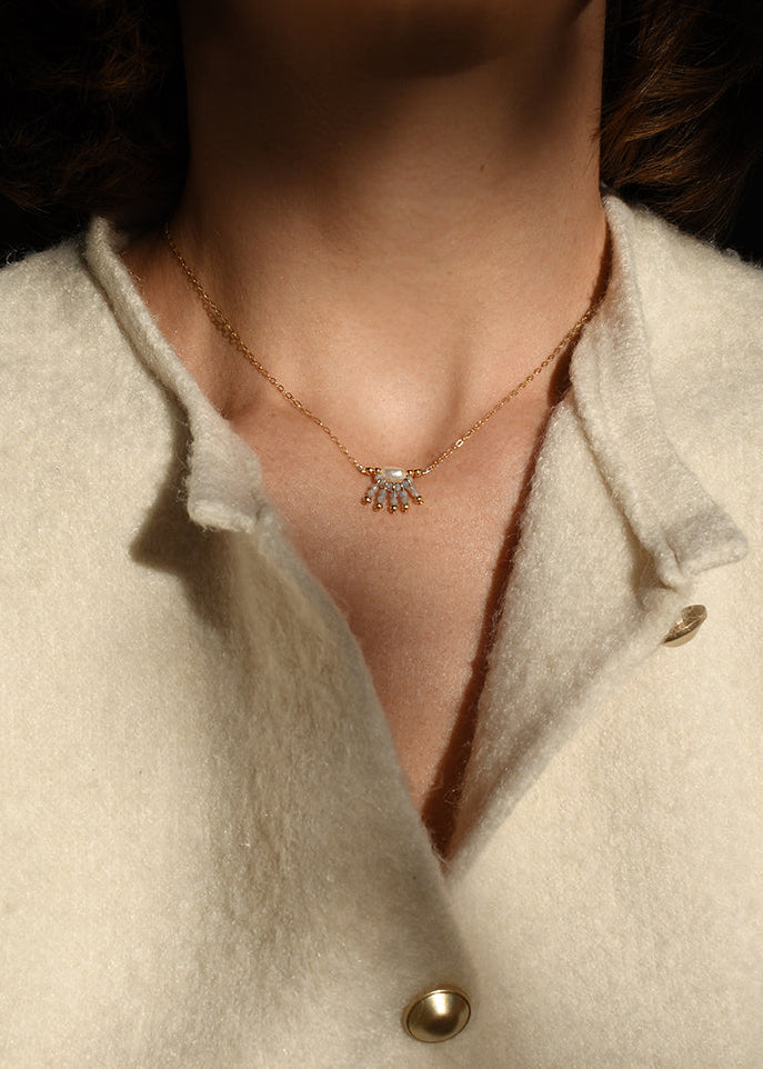 Necklace with a small pendant worn by a person in a light-colored garment.