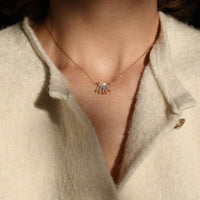 Necklace with a small pendant worn by a person in a light-colored garment.