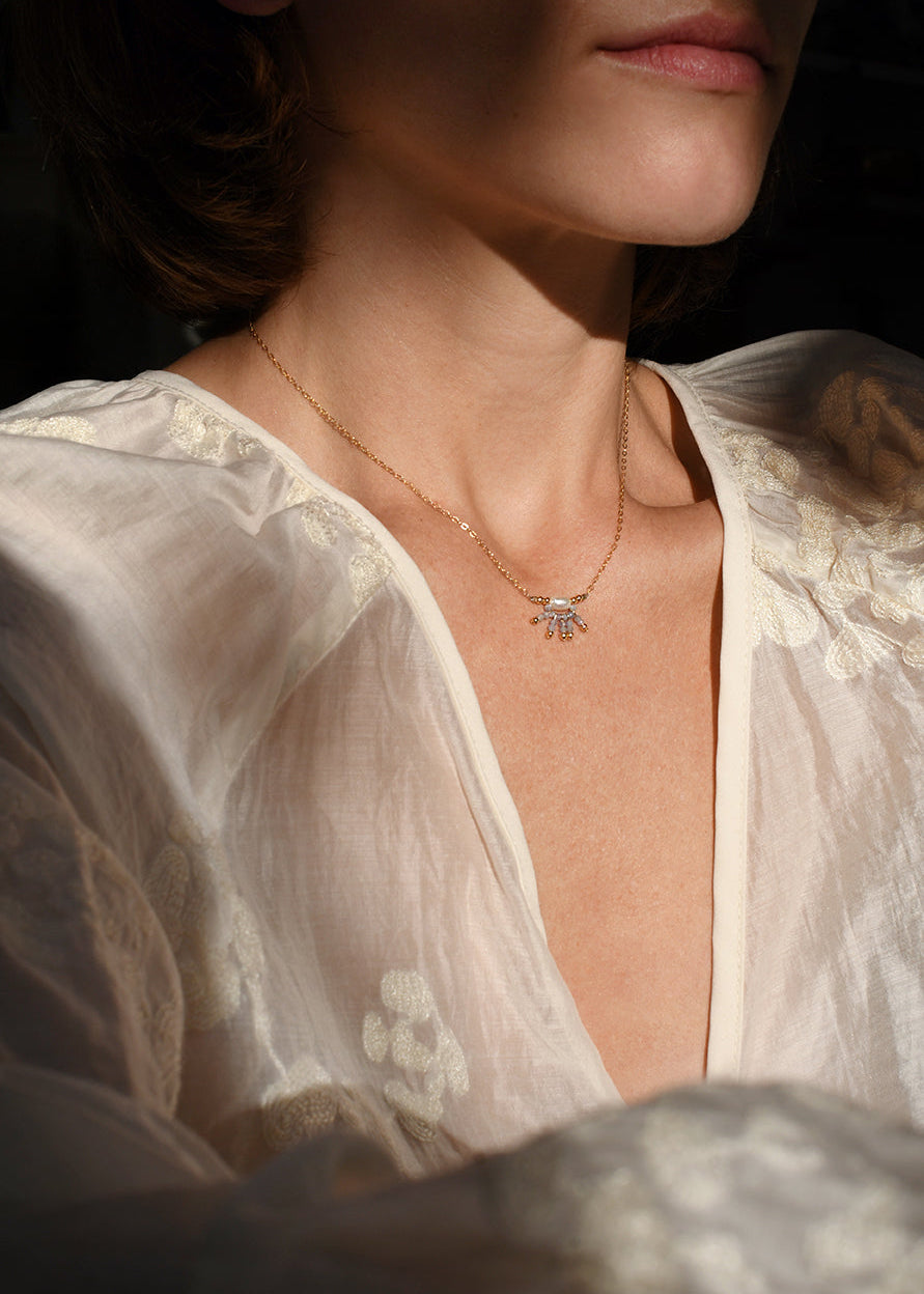 Close-up of a person wearing a delicate necklace with a small pendant, set against a dark background.
