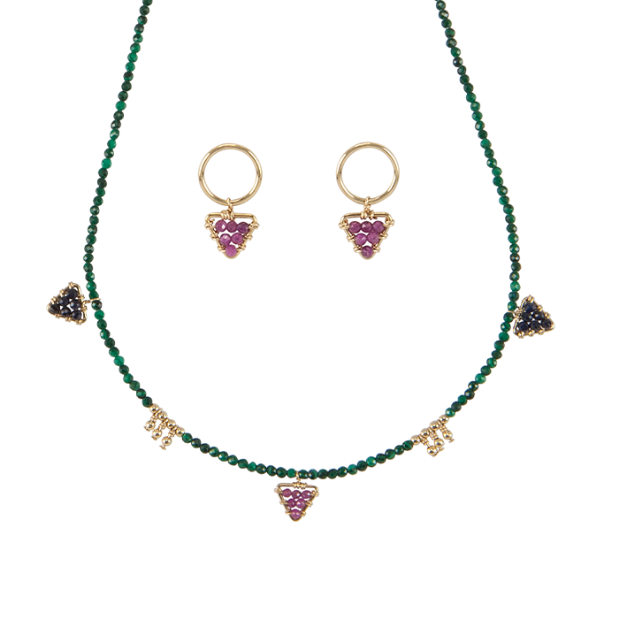 Dunia Malachite Gemstone Necklace & Ruby Studs