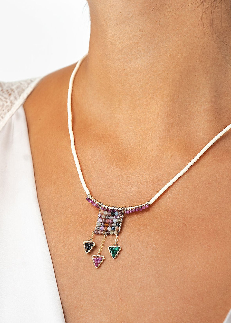 Beaded Arch Pendant Necklace With Gemstone Triangles - RUBY/TOURMALINE/BLUE SAPPHIRE/MALACHITE