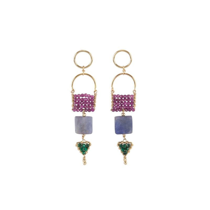 Tiered Arched Gemstone Pendant Earrings With Tanzanite - RUBY/MALACHITE/ TANZANITE/GOLD