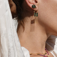 Close-up of a person wearing gold earrings with green gemstones and a matching bracelet.