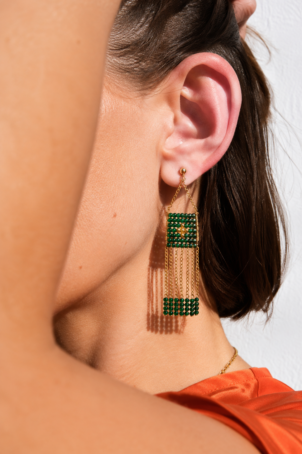 Malachite Pendant Earrings With Chain And Bars - MALACHITE/GOLD