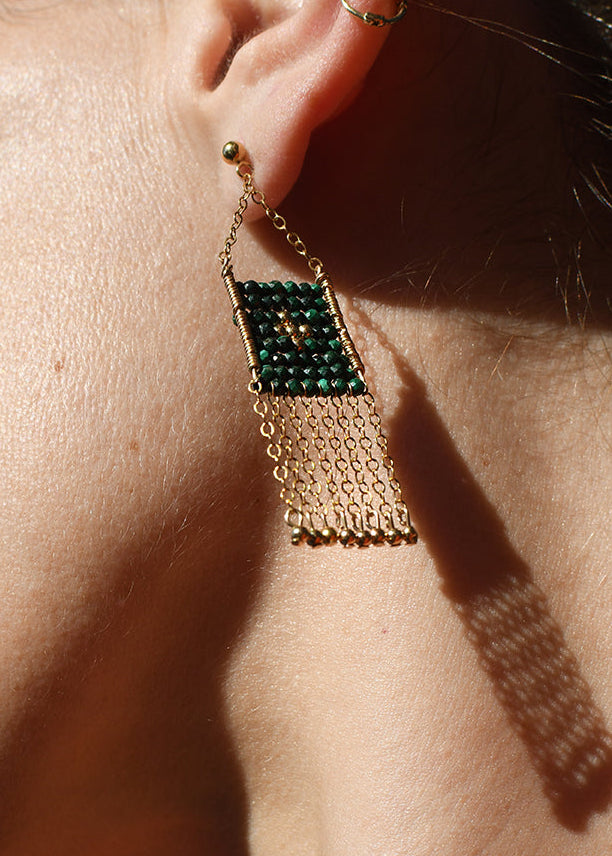 Gold earring with green gemstones worn by a person